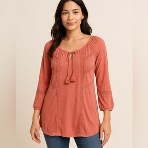 Lucky Brand Boho Peasant Top XL Coral Lace Trim Tassel Tie 3/4  Tunic Blouse